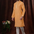 Orange Printed Art Silk Kurta for Men with Off - White Pyjama - Mangaldeep NX