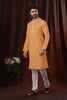 Orange Printed Art Silk Kurta for Men with Off - White Pyjama - Mangaldeep NX
