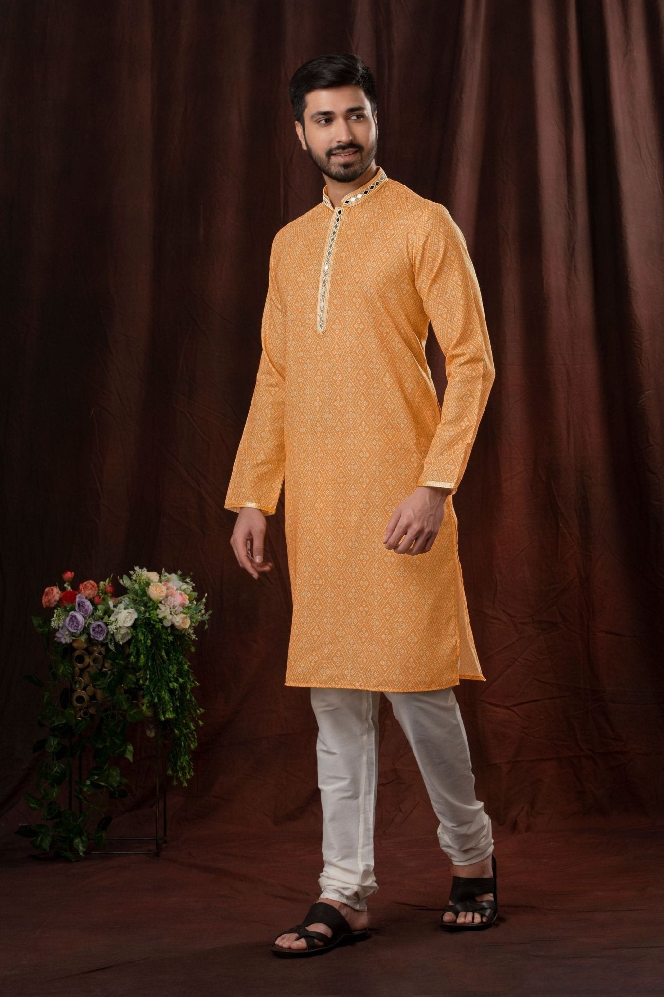 Orange Printed Art Silk Kurta for Men with Off - White Pyjama - Mangaldeep NX