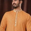 Orange Printed Art Silk Kurta for Men with Off - White Pyjama - Mangaldeep NX