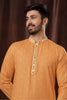 Orange Printed Art Silk Kurta for Men with Off - White Pyjama - Mangaldeep NX
