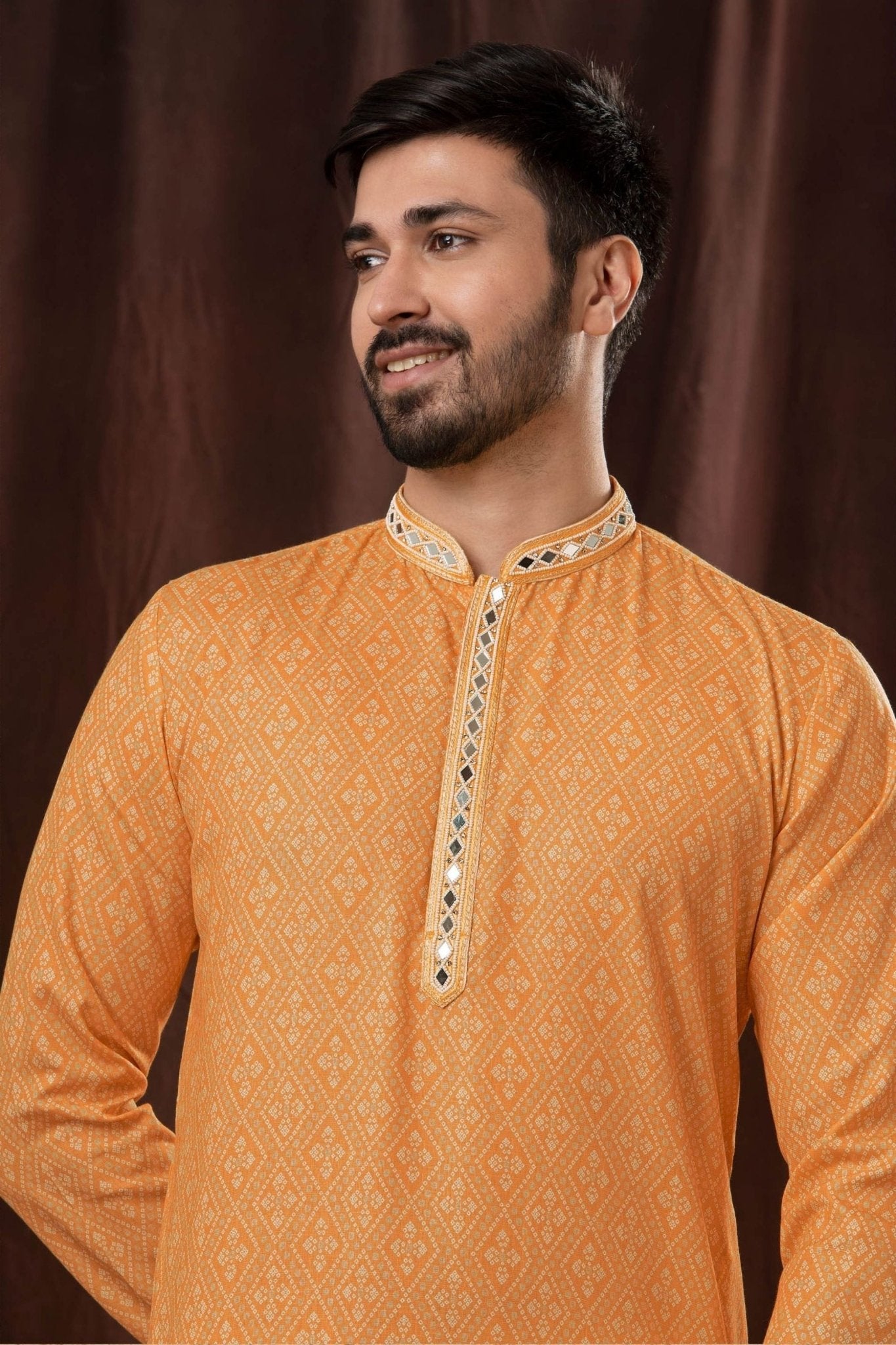 Orange Printed Art Silk Kurta for Men with Off - White Pyjama - Mangaldeep NX