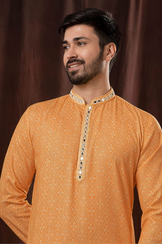 Orange Printed Art Silk Kurta for Men with Off - White Pyjama - Mangaldeep NX