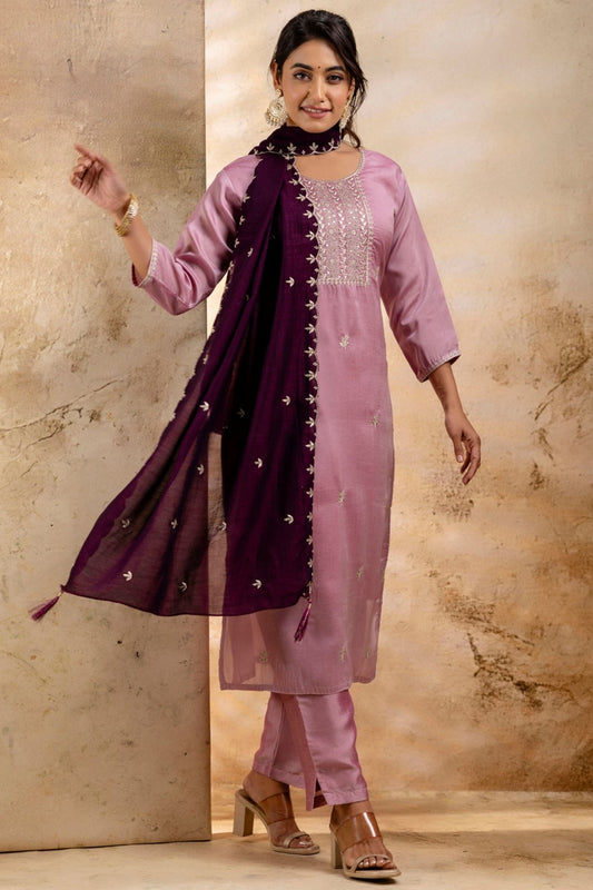 Outstanding Lavender Embroidered Silk Blend Readymade Salwar Kameez - Mangaldeep NX