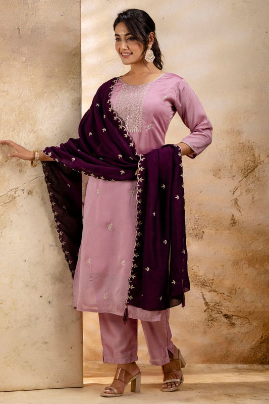 Outstanding Lavender Embroidered Silk Blend Readymade Salwar Kameez - Mangaldeep NX