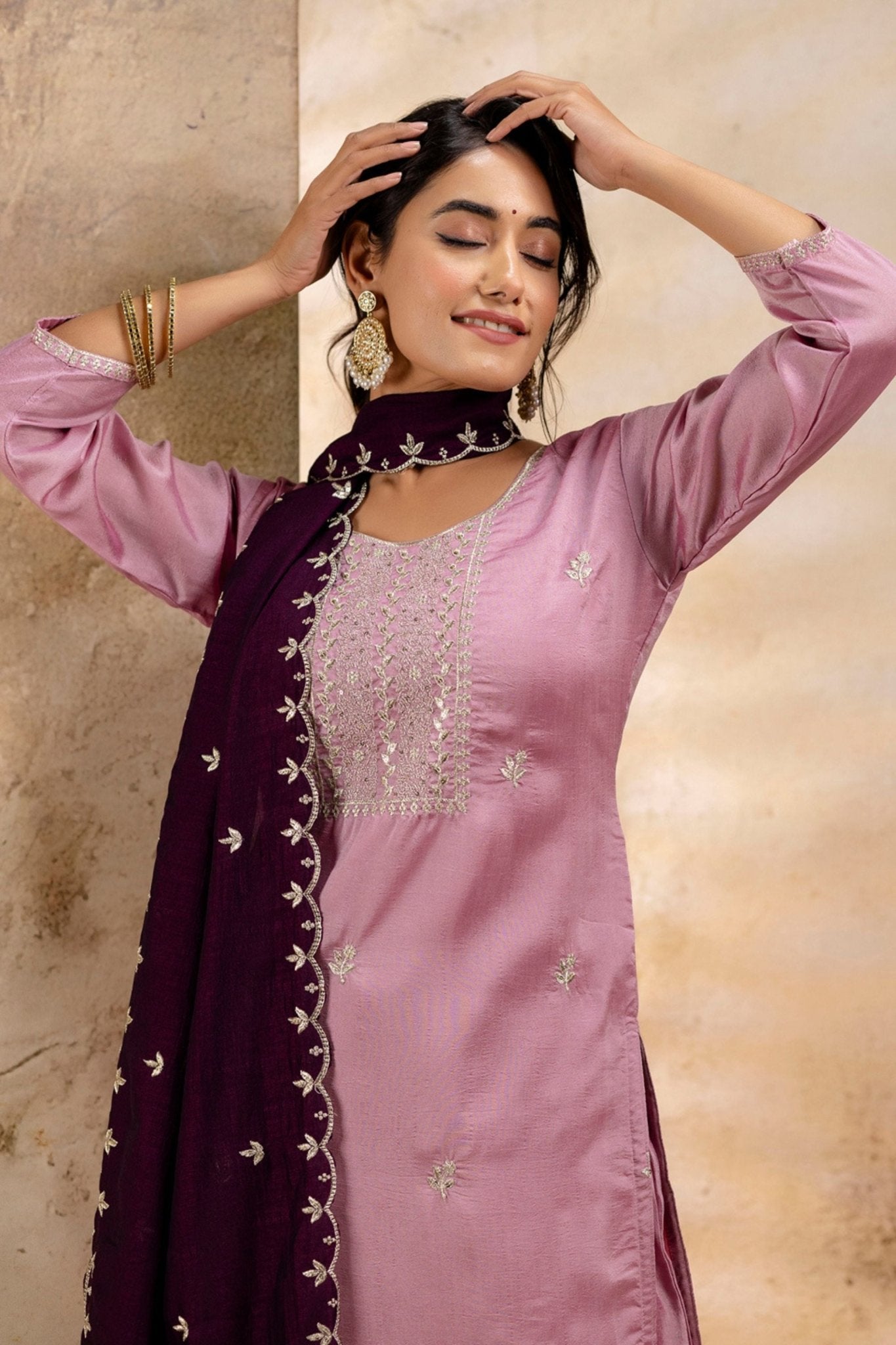Outstanding Lavender Embroidered Silk Blend Readymade Salwar Kameez - Mangaldeep NX