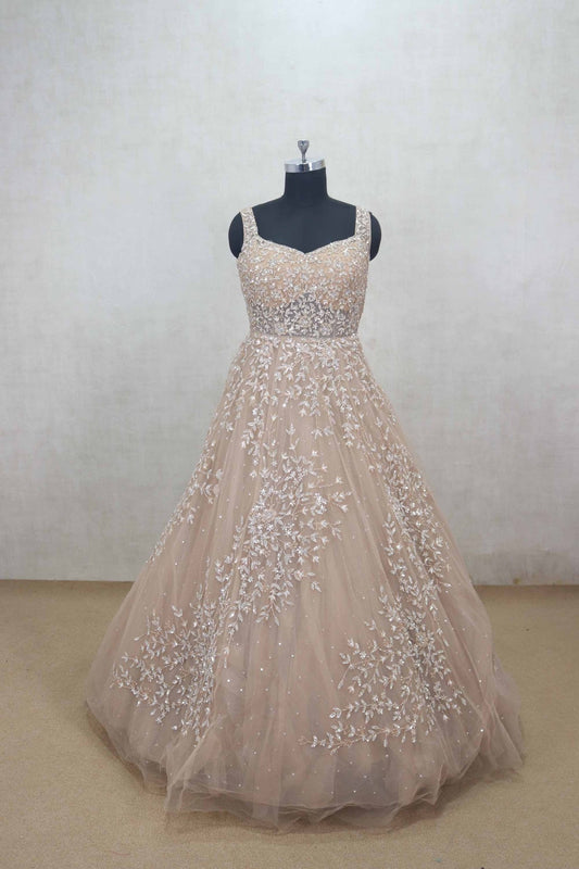 Pale Peach Net Evening Gown with Sequin Embroidery - Mangaldeep NX