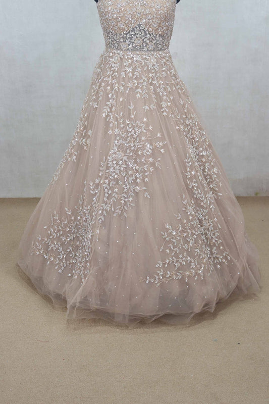 Pale Peach Net Evening Gown with Sequin Embroidery - Mangaldeep NX