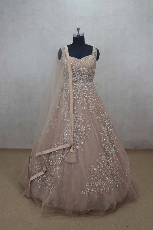 Pale Peach Net Evening Gown with Sequin Embroidery - Mangaldeep NX