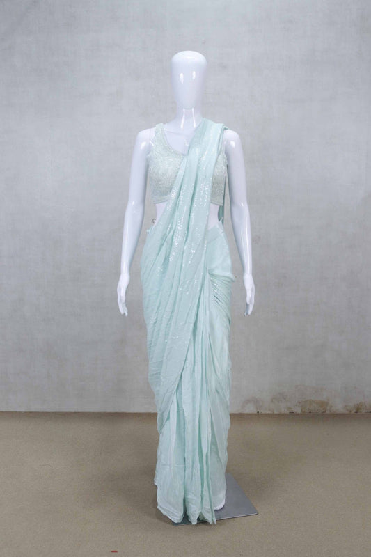 Pastel Aqua Blue Pre - Draped Indo - Western Saree with Sequin Embellished Sleeveless Blouse - Mangaldeep NX