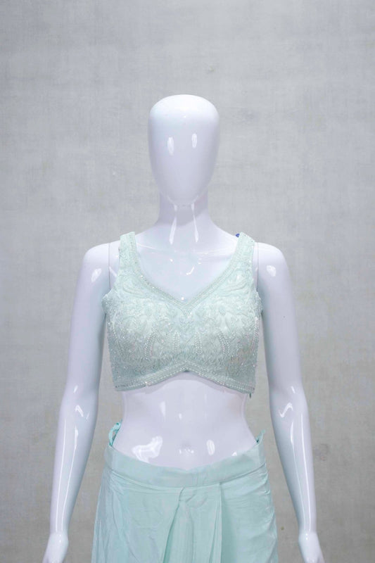 Pastel Aqua Blue Pre - Draped Indo - Western Saree with Sequin Embellished Sleeveless Blouse - Mangaldeep NX