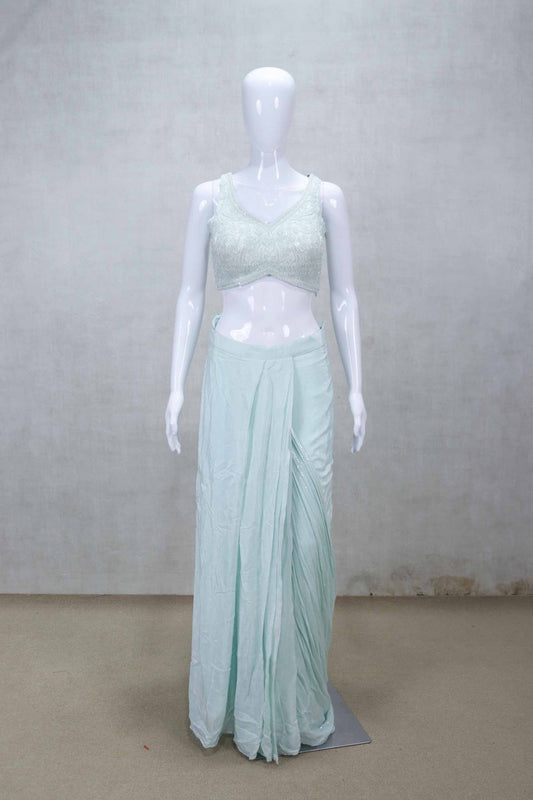 Pastel Aqua Blue Pre - Draped Indo - Western Saree with Sequin Embellished Sleeveless Blouse - Mangaldeep NX