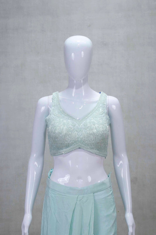 Pastel Aqua Blue Pre - Draped Indo - Western Saree with Sequin Embellished Sleeveless Blouse - Mangaldeep NX