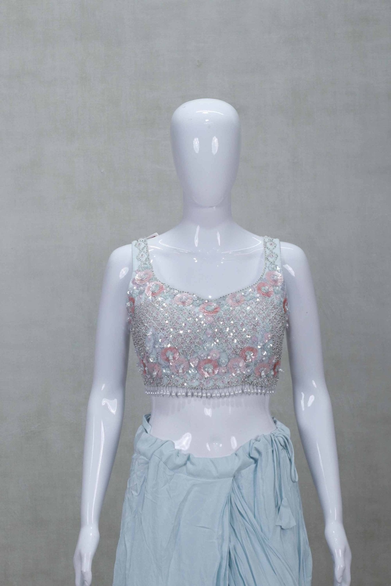 Pastel Blue Embellished Draped Saree Gown with Sleeveless Blouse - Mangaldeep NX