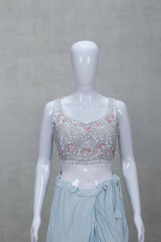 Pastel Blue Embellished Draped Saree Gown with Sleeveless Blouse - Mangaldeep NX