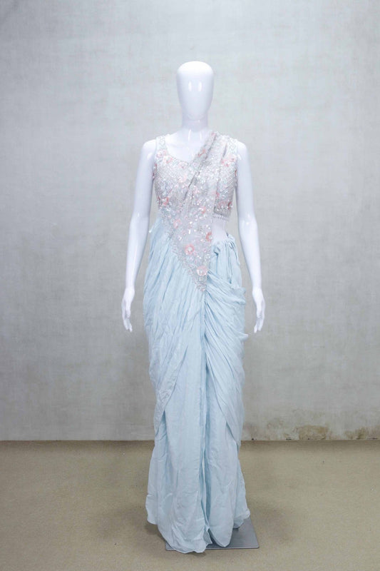 Pastel Blue Embellished Draped Saree Gown with Sleeveless Blouse - Mangaldeep NX