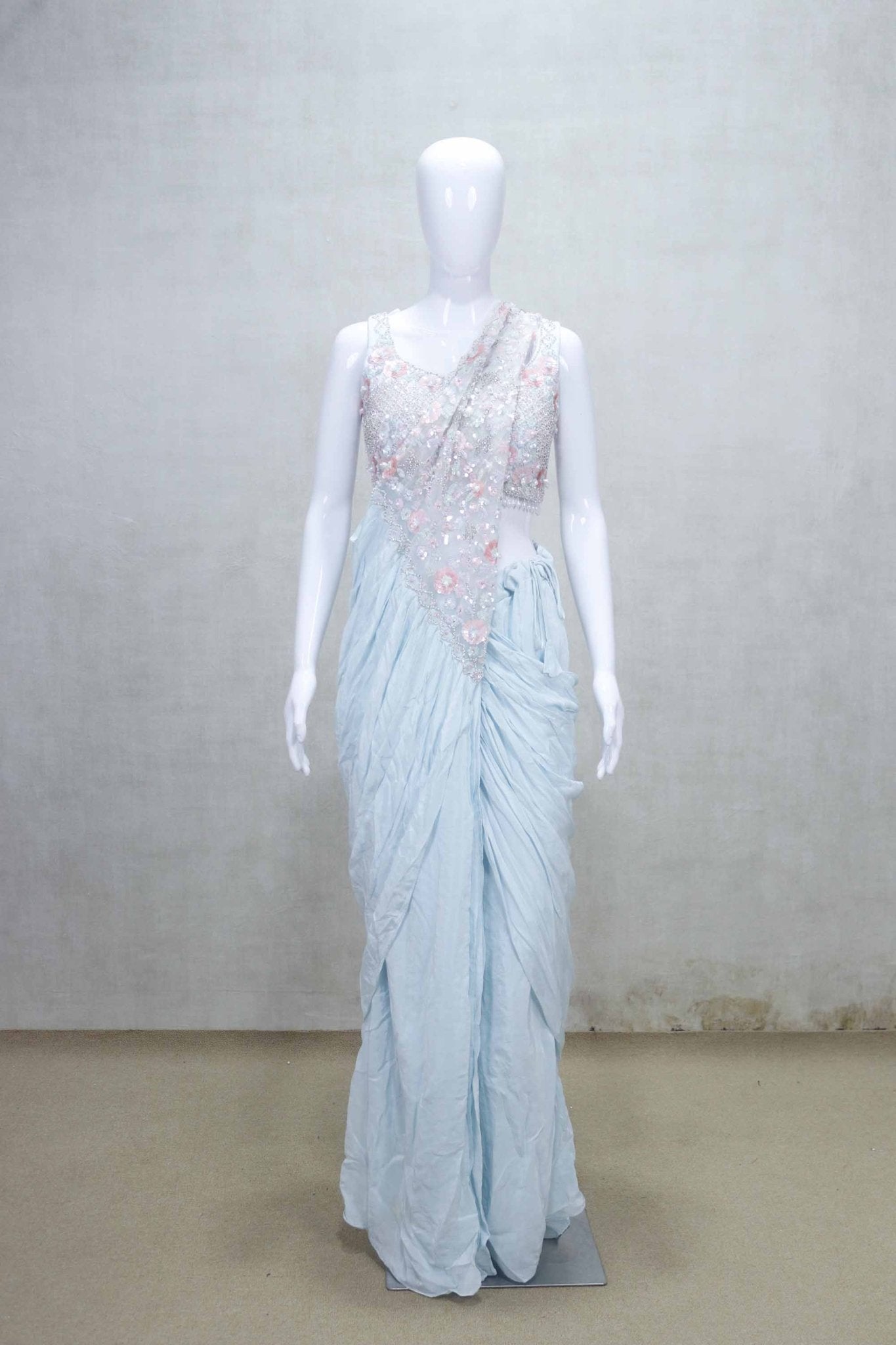 Pastel Blue Embellished Draped Saree Gown with Sleeveless Blouse - Mangaldeep NX
