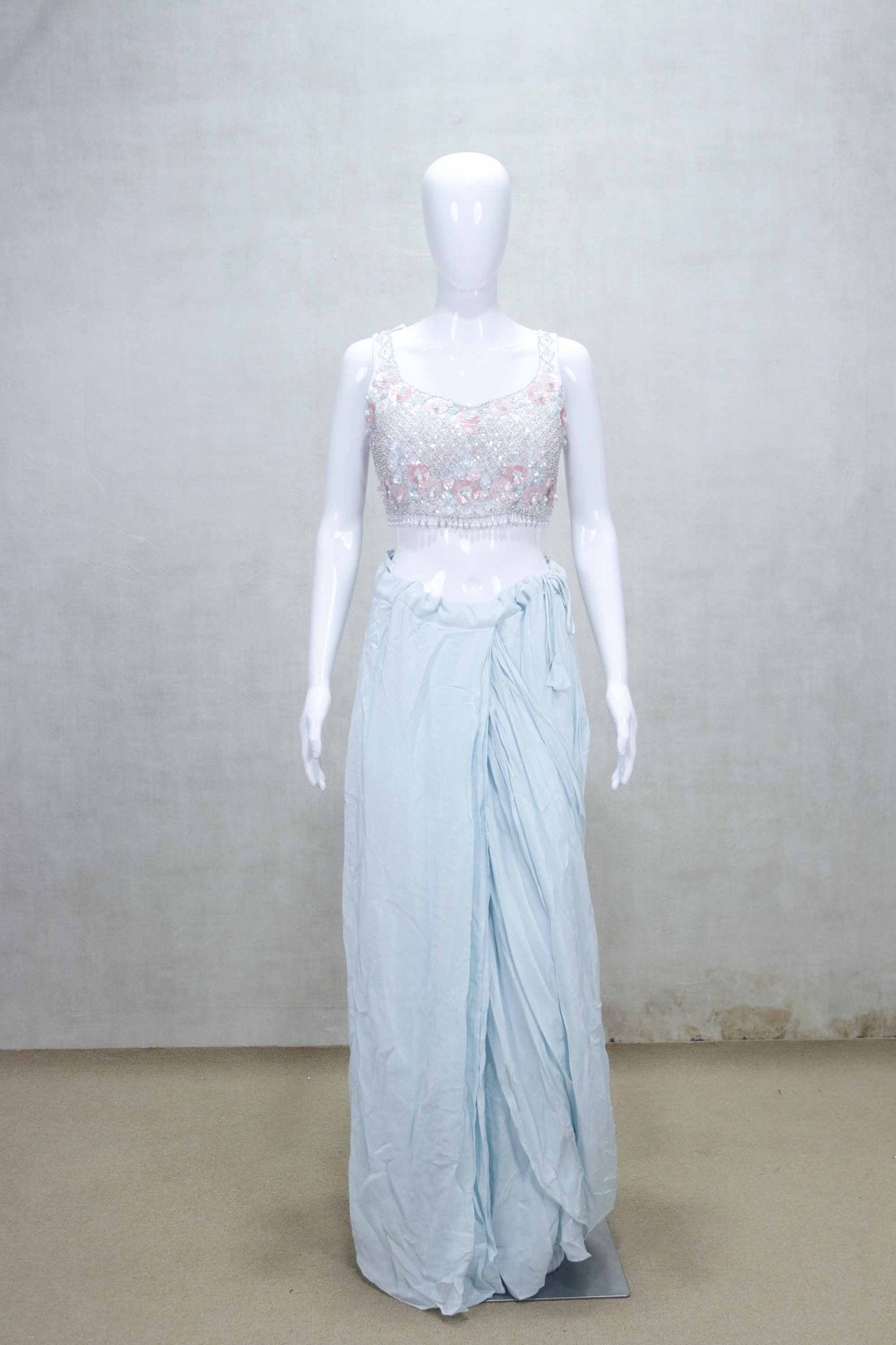 Pastel Blue Embellished Draped Saree Gown with Sleeveless Blouse - Mangaldeep NX