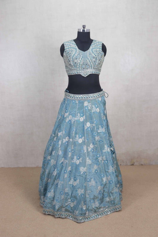 Pastel Blue Embroidered Lehenga Choli with Mirror Work Dupatta - Mangaldeep NX