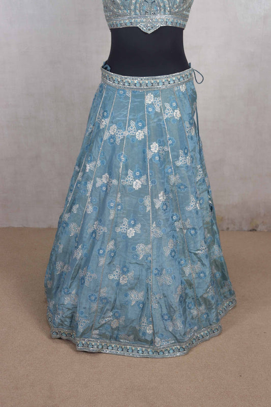 Pastel Blue Embroidered Lehenga Choli with Mirror Work Dupatta - Mangaldeep NX