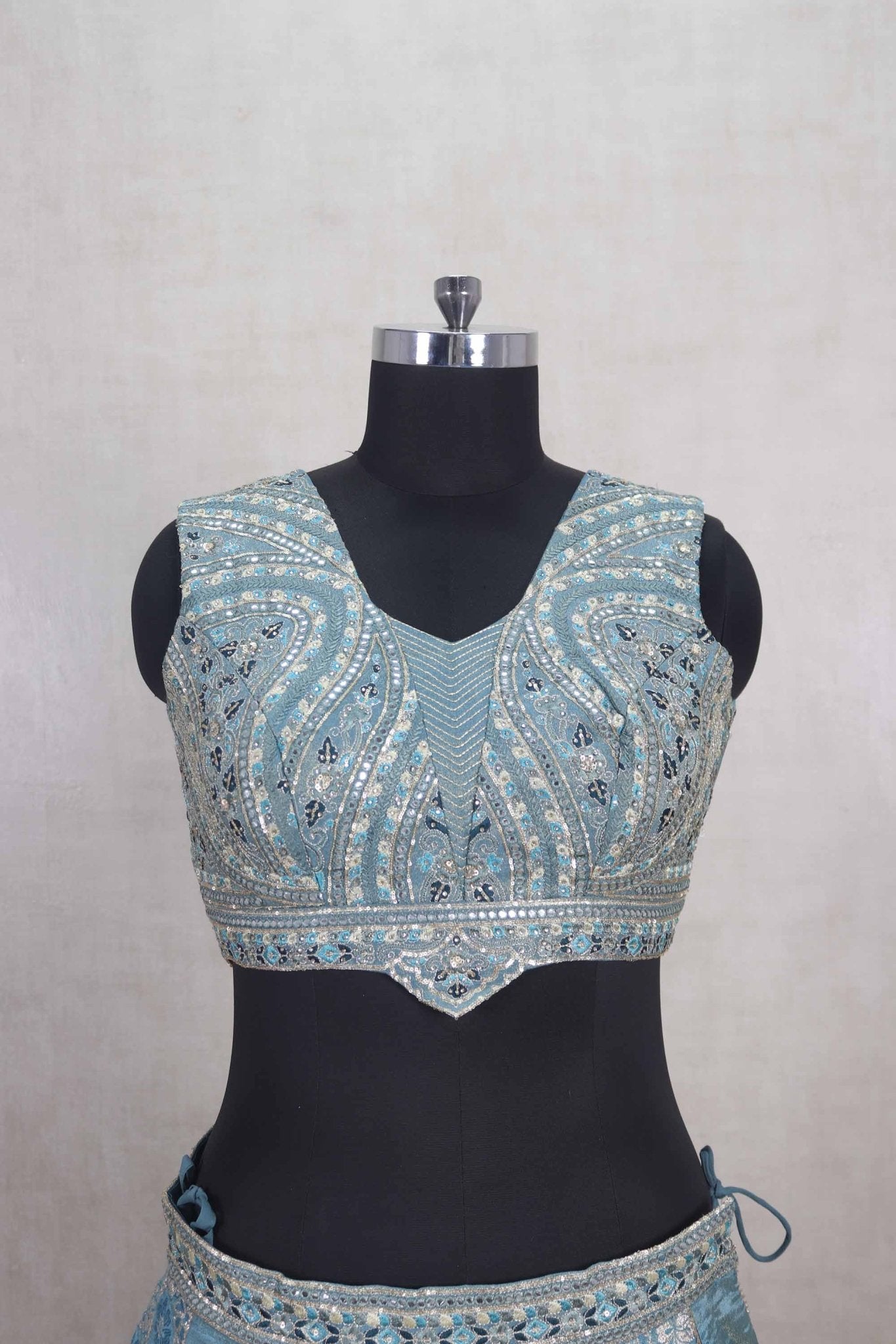 Pastel Blue Embroidered Lehenga Choli with Mirror Work Dupatta - Mangaldeep NX