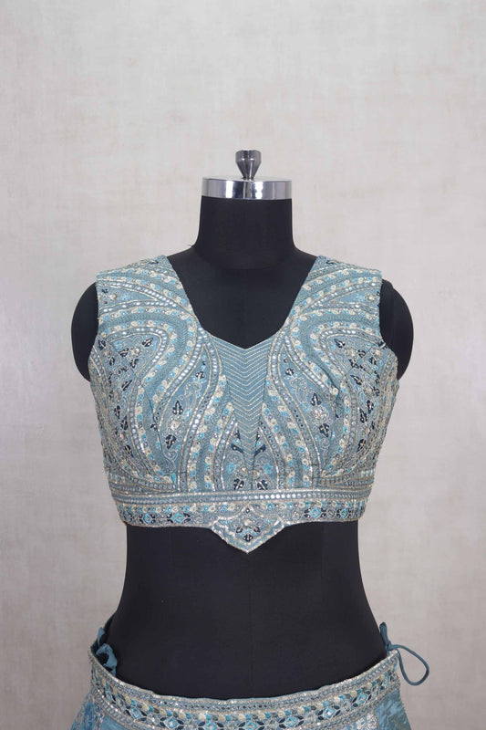 Pastel Blue Embroidered Lehenga Choli with Mirror Work Dupatta - Mangaldeep NX