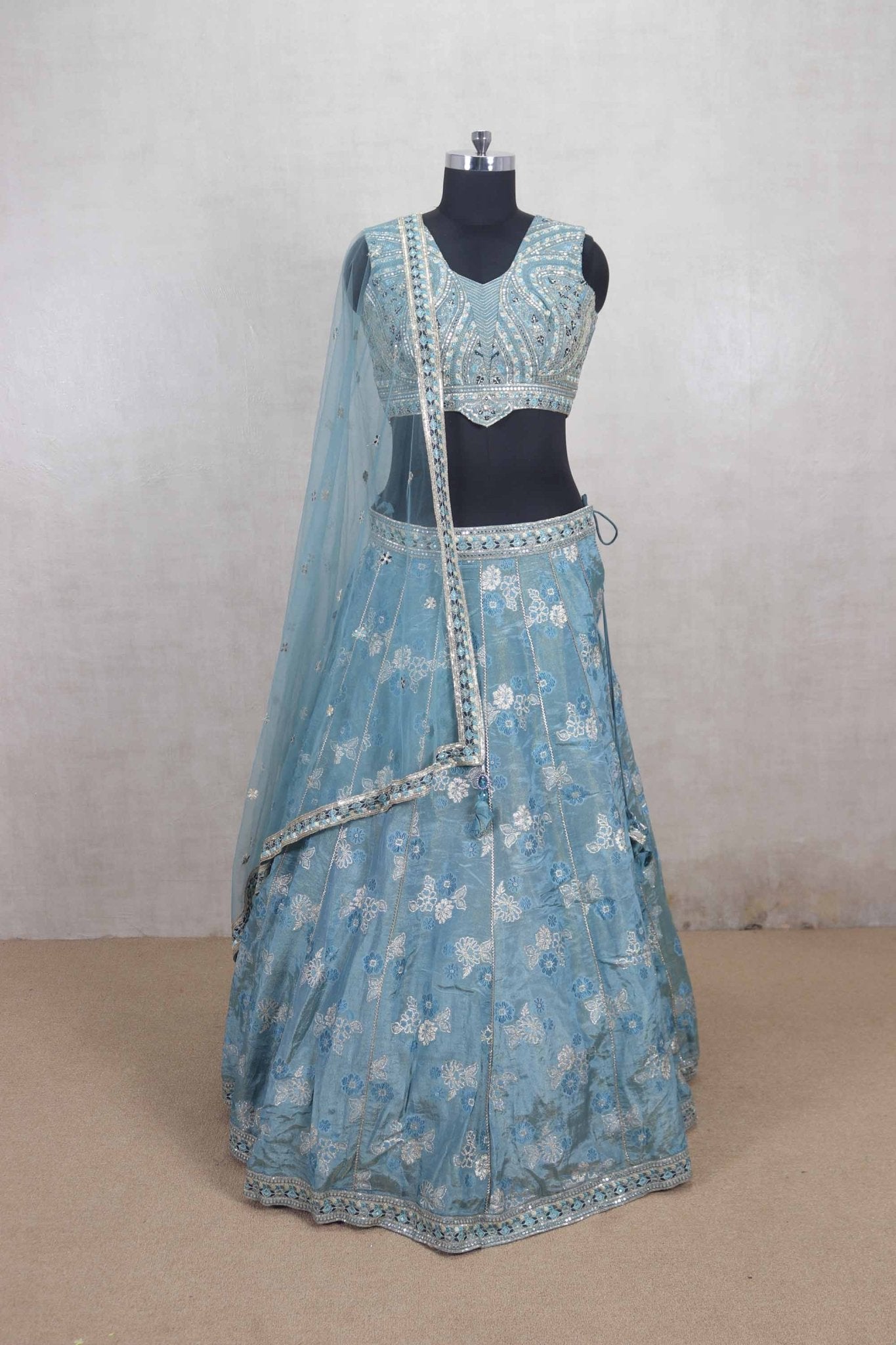 Pastel Blue Embroidered Lehenga Choli with Mirror Work Dupatta - Mangaldeep NX