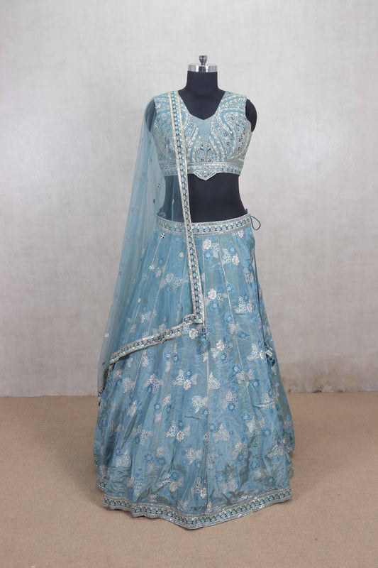 Pastel Blue Embroidered Lehenga Choli with Mirror Work Dupatta - Mangaldeep NX