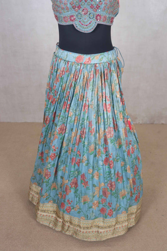 Pastel Blue Floral Lehenga with Embroidered Blouse and Dupatta - Mangaldeep NX