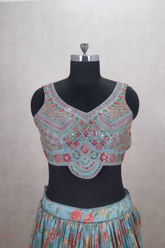 Pastel Blue Floral Lehenga with Embroidered Blouse and Dupatta - Mangaldeep NX