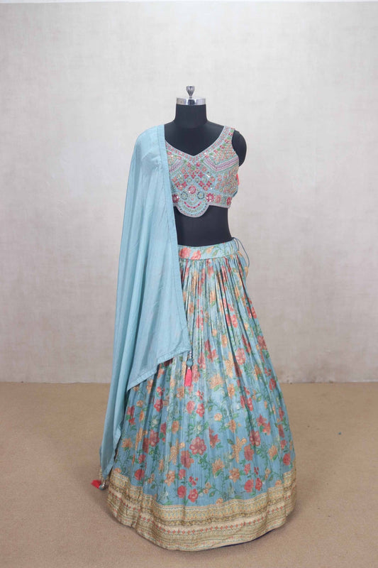 Pastel Blue Floral Lehenga with Embroidered Blouse and Dupatta - Mangaldeep NX