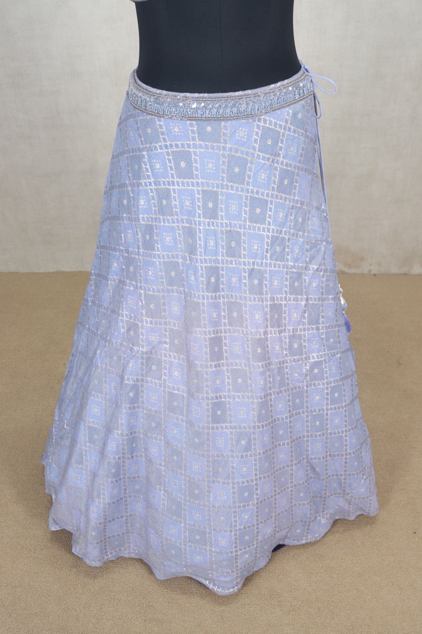 Pastel Blue Mirror Work Lehenga Set with Sleeveless Blouse - Mangaldeep NX
