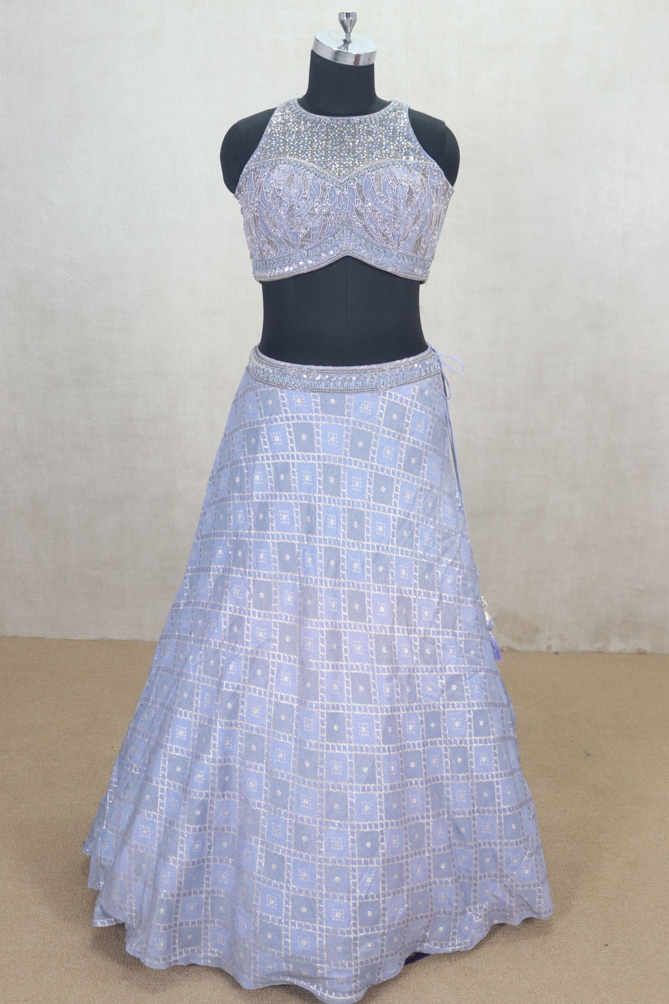 Pastel Blue Mirror Work Lehenga Set with Sleeveless Blouse - Mangaldeep NX