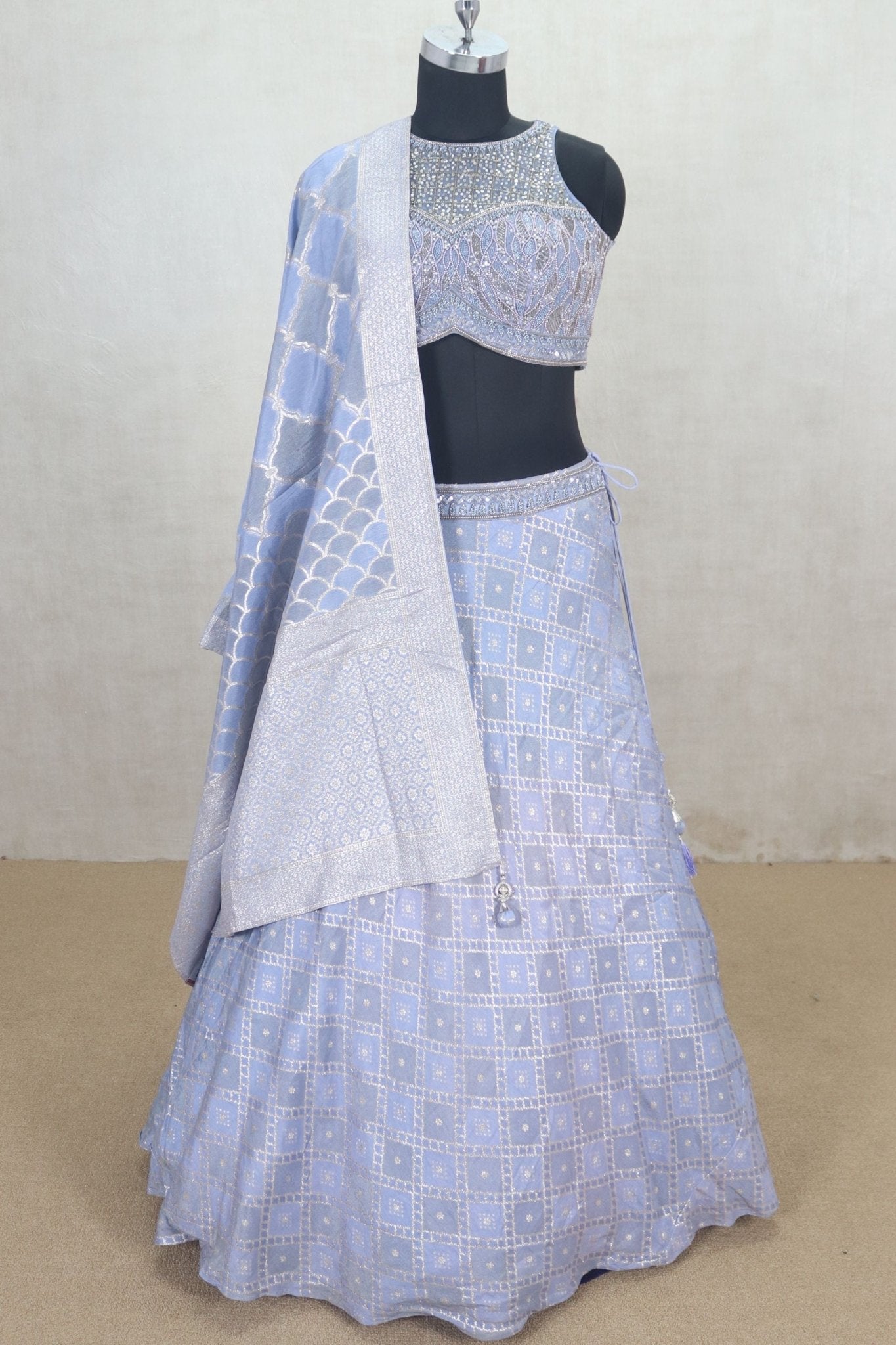 Pastel Blue Mirror Work Lehenga Set with Sleeveless Blouse - Mangaldeep NX