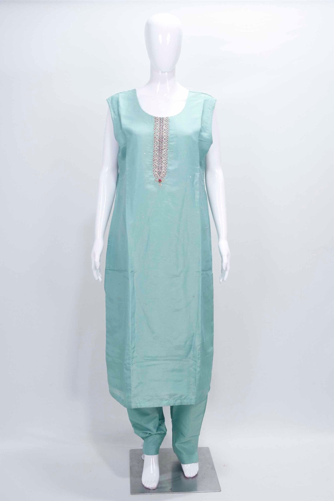 Pastel Blue Silk Suit with Floral Print Dupatta & Embellished Neckline - Mangaldeep NX