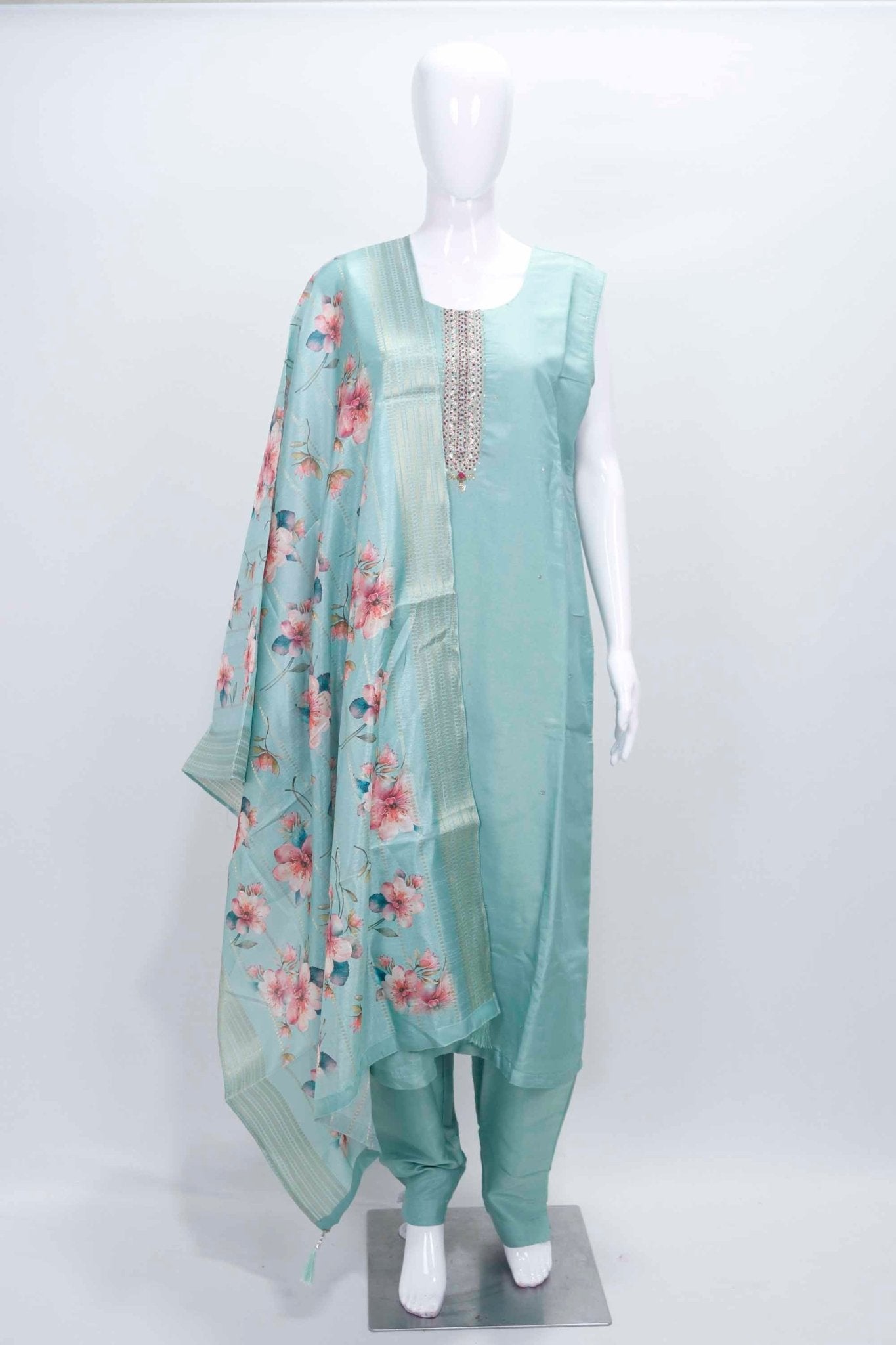 Pastel Blue Silk Suit with Floral Print Dupatta & Embellished Neckline - Mangaldeep NX