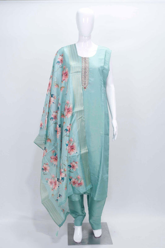 Pastel Blue Silk Suit with Floral Print Dupatta & Embellished Neckline - Mangaldeep NX