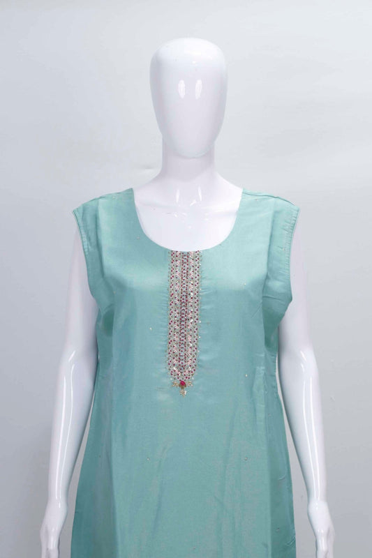 Pastel Blue Silk Suit with Floral Print Dupatta & Embellished Neckline - Mangaldeep NX