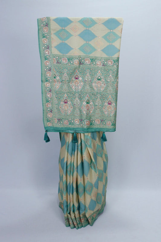 Pastel Green and Beige Banarasi Silk Saree with Diamond Pattern and Intricate - Mangaldeep NX