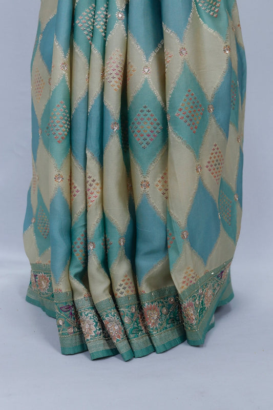 Pastel Green and Beige Banarasi Silk Saree with Diamond Pattern and Intricate - Mangaldeep NX