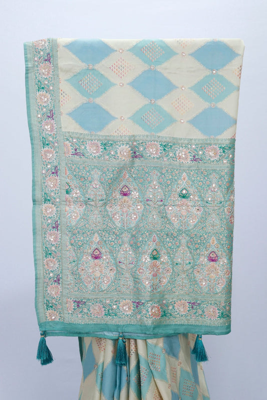 Pastel Green and Beige Banarasi Silk Saree with Diamond Pattern and Intricate - Mangaldeep NX