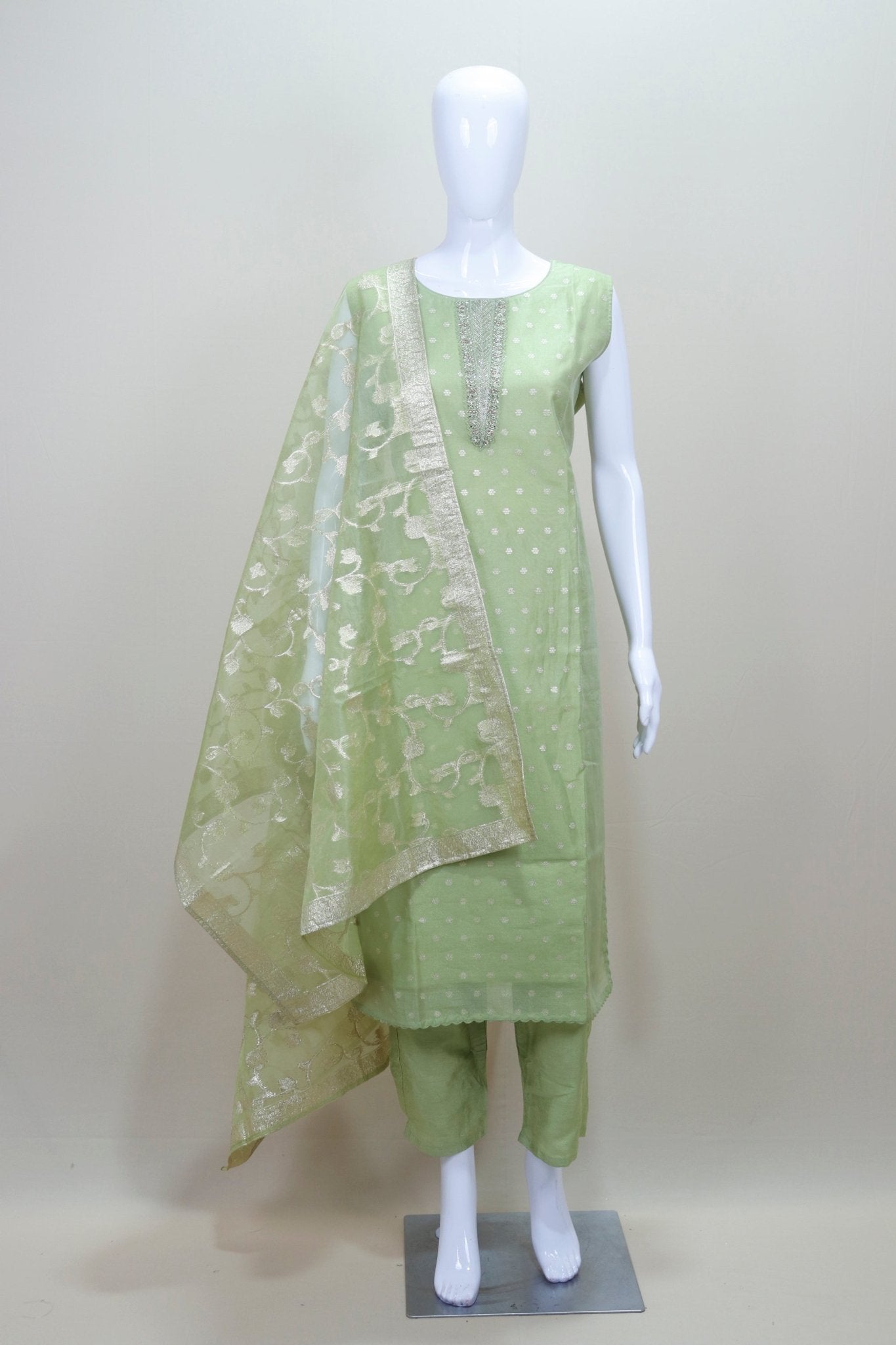 Pastel Green Cotton Straight Kurta Set with Gota Work Dupatta - Mangaldeep NX