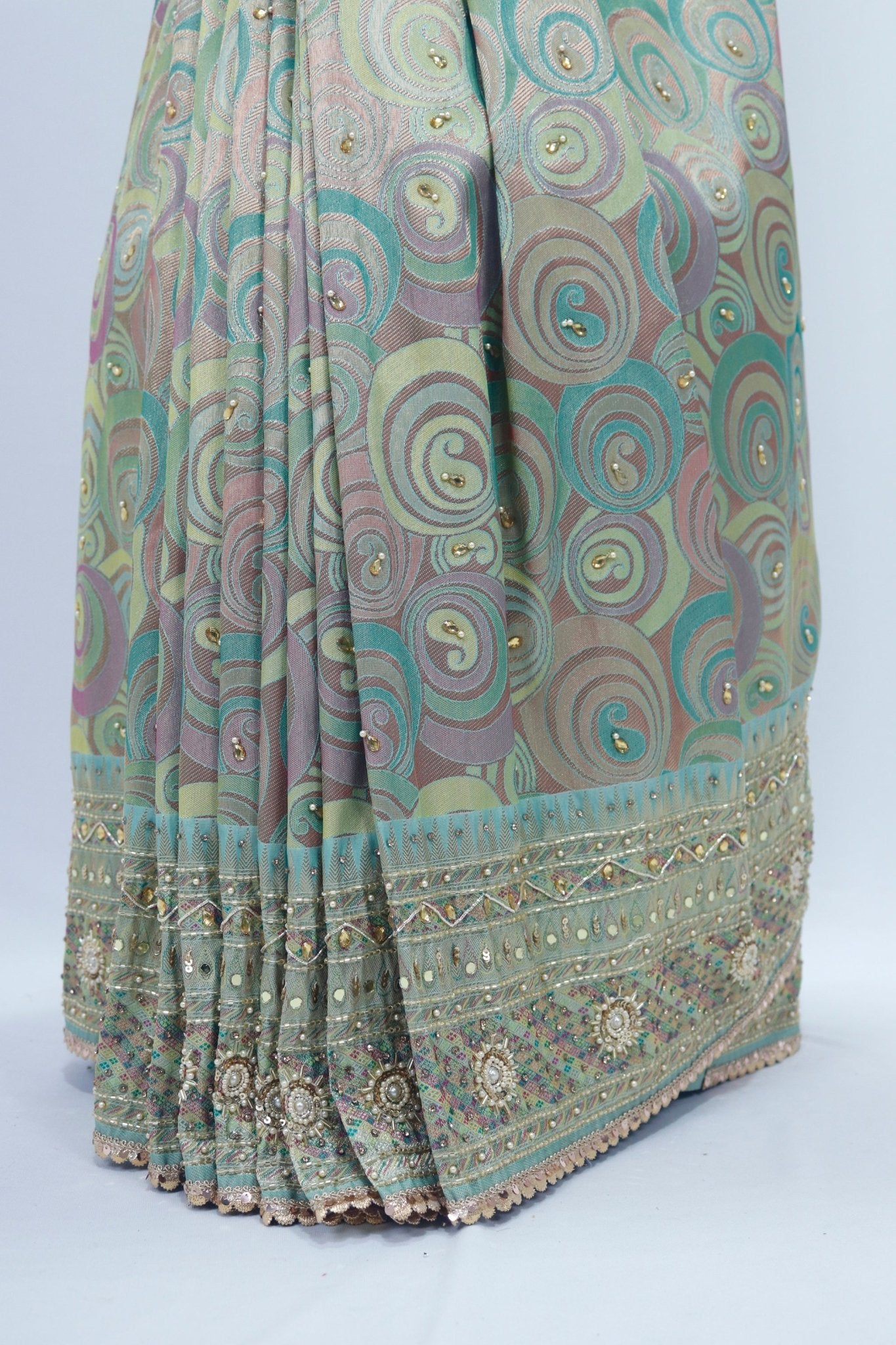 Pastel Green Designer Saree with Sequin Embroidery and Mirror Work Pallu - Mangaldeep NX