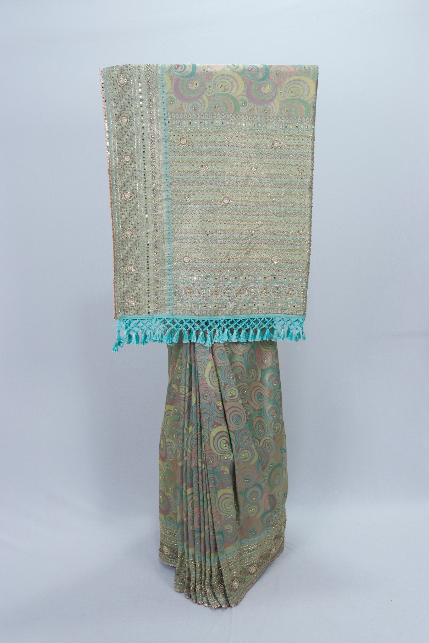 Pastel Green Designer Saree with Sequin Embroidery and Mirror Work Pallu - Mangaldeep NX