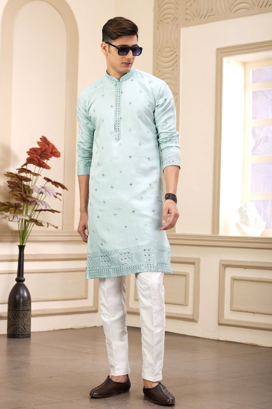 Pastel Green Embroidered Kurta with White Churidar Pants for Men - Mangaldeep NX