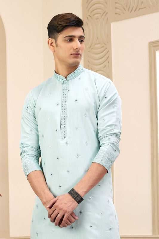 Pastel Green Embroidered Kurta with White Churidar Pants for Men - Mangaldeep NX