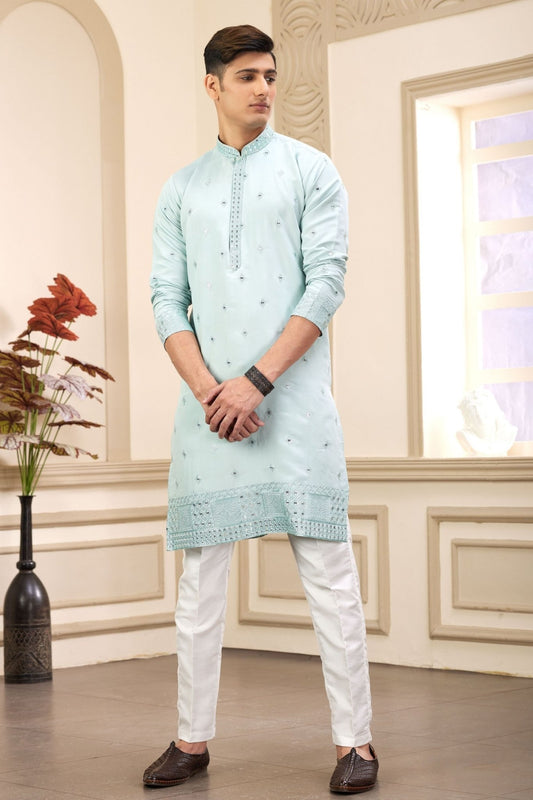 Pastel Green Embroidered Kurta with White Churidar Pants for Men - Mangaldeep NX