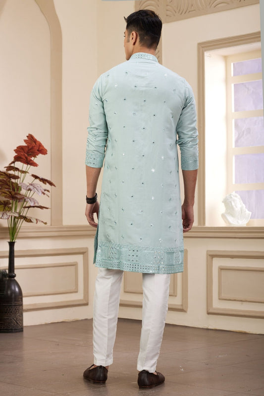 Pastel Green Embroidered Kurta with White Churidar Pants for Men - Mangaldeep NX
