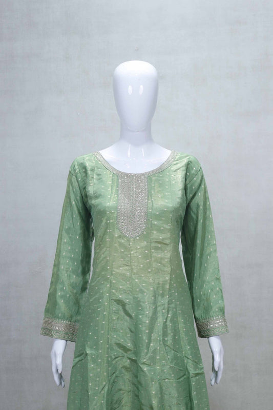 Pastel Green Embroidered Salwar Suit Set with Brocade Dupatta and Palazzo Pants - Mangaldeep NX