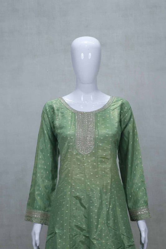 Pastel Green Embroidered Salwar Suit Set with Brocade Dupatta and Palazzo Pants - Mangaldeep NX
